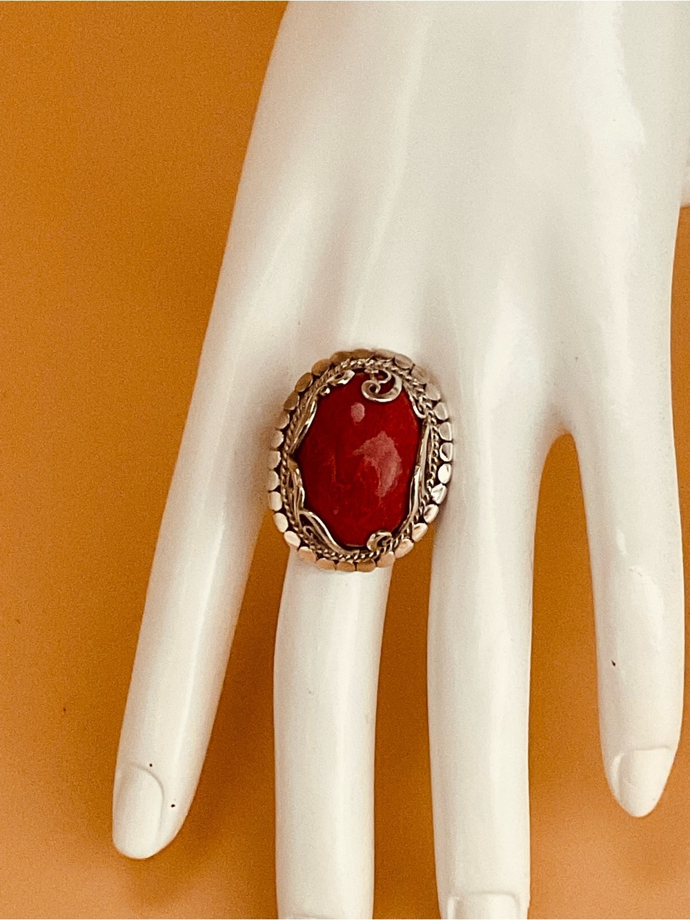 NEW SARDA Oval Red Bamboo Coral 925 Silver Solitaire Ring Artisan Gem Collection